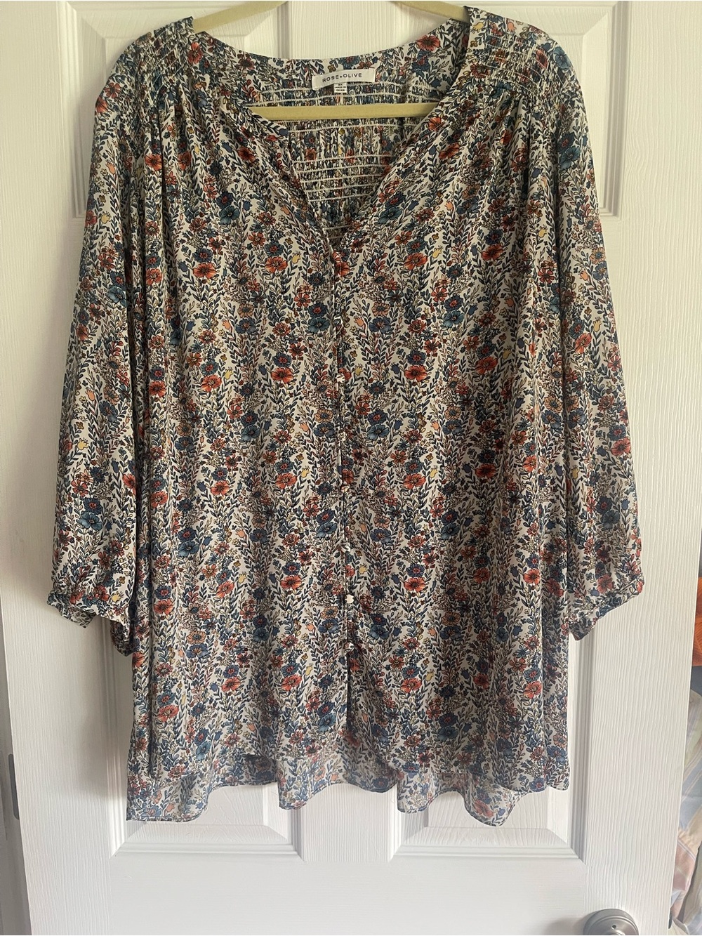 Rose & Olive Cream Floral Button-Front Peasant Blouse with Blue & Rust Accents